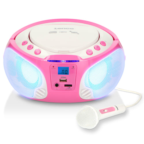 Lenco SCD-650PK - Tragbares FM-Radio mit CD/MP3-Player - USB-Anschluß - Karaoke - Mikrofon - Lichteffekte - Pink