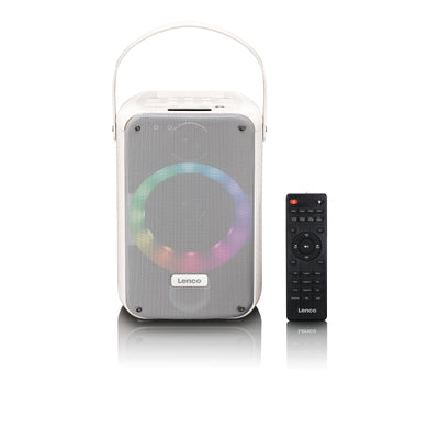 LENCO BTC-060WH - Karaoke-Set mit Bluetooth®, wiederaufladbarem Akku, drahtlosem Karaoke-Mikrofon und Disco-LED-Beleuchtung - Weiß