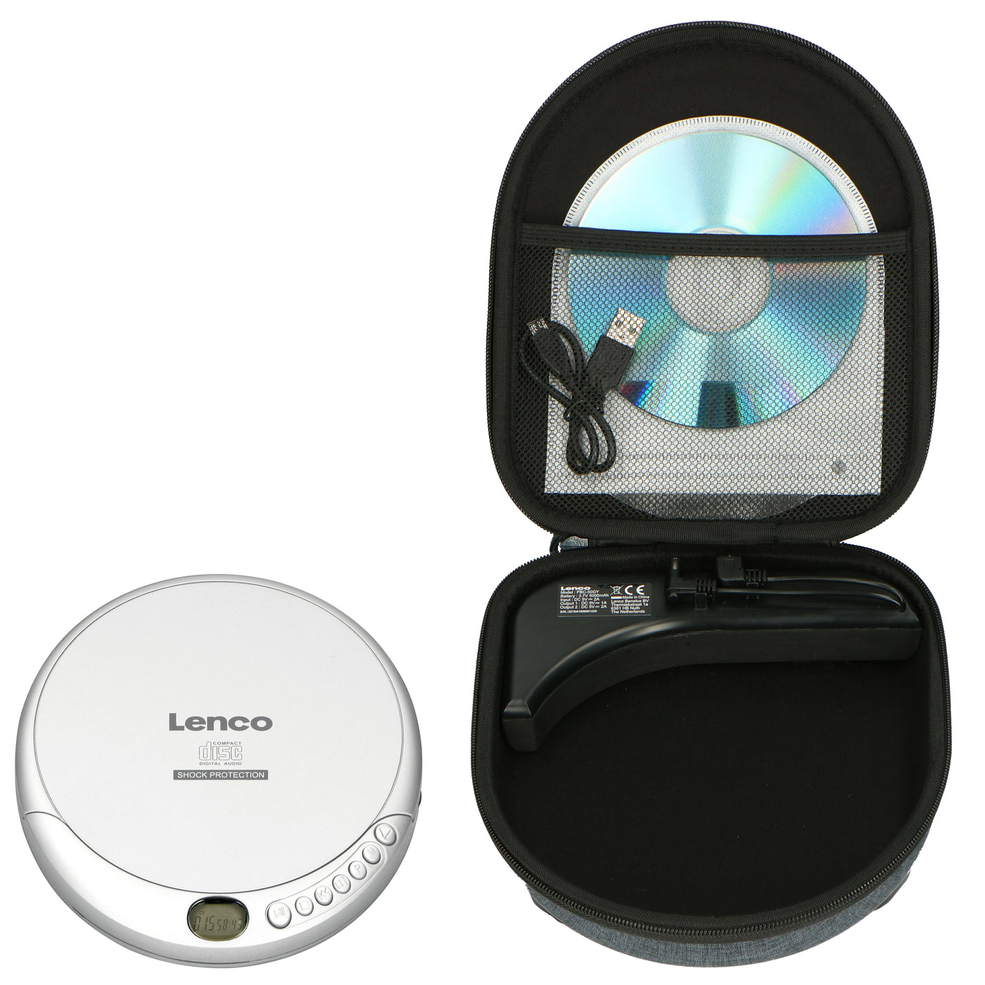 Lenco CD-201SI+PBC-50GY - Tragbarer CD/MP3-Player mit Anti-Schock-Schutz und praktischer Aufbewahrungstasche mit eingebauter Powerbank - Silber/Grau