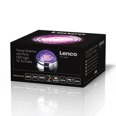 Lenco TTA-080SI – Plattenspieler stabilisator mit RGB-Lichteffekten – Schalplattengewicht 250 g und Diskokugel in einem – Silber