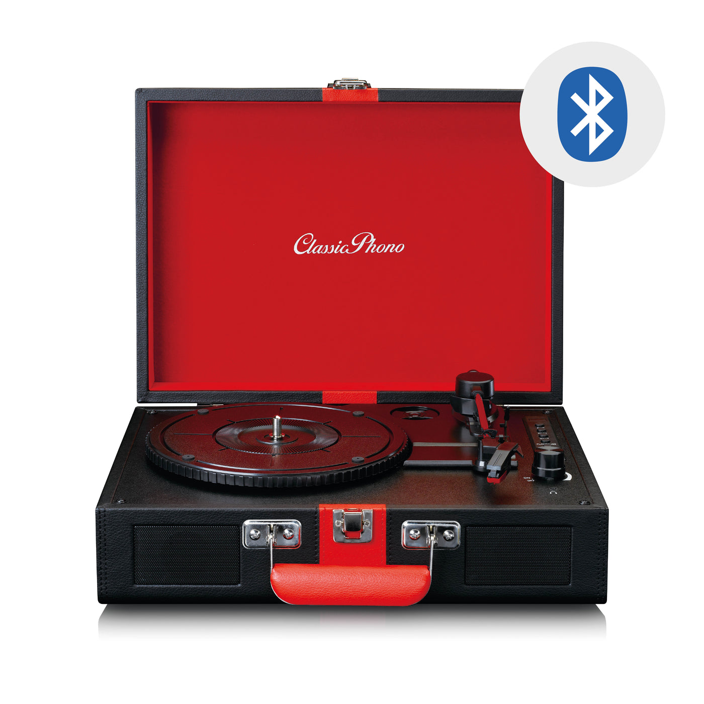 Classic Phono TT-110BKRD - Plattenspieler mit Bluetooth®-Empfang und integrierten Lautsprechern - Schwarz/Rot