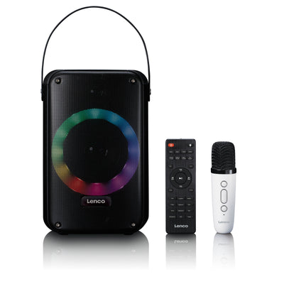 LENCO BTC-060BK - Karaoke-Set mit Bluetooth®, wiederaufladbarem Akku, drahtlosem Karaoke-Mikrofon und Disco-LED-Beleuchtung - Schwarz