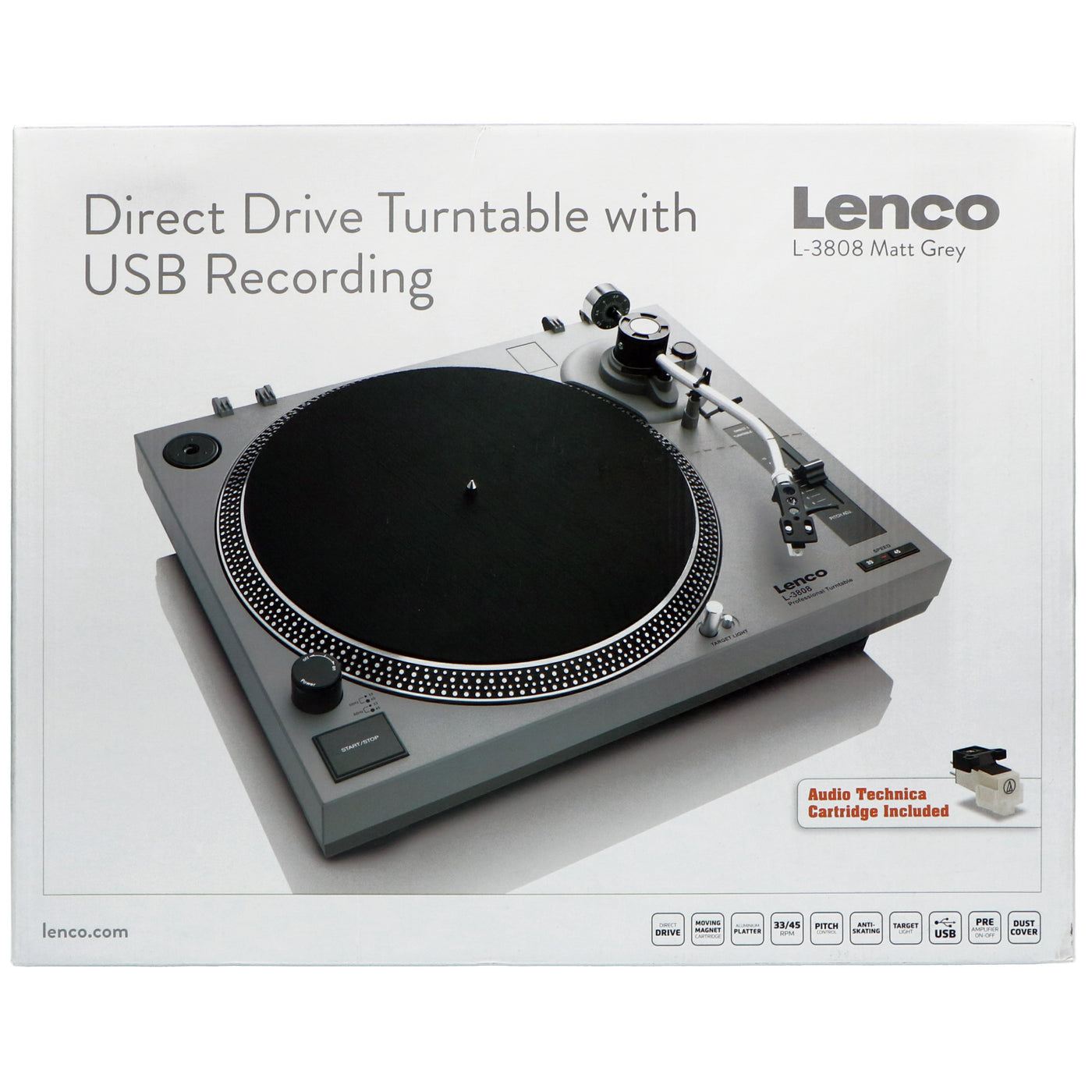 Lenco L-3808 Matt Grey - Plattenspieler mit Direktantrieb - Pitch Control - USB/PC-Encoding - mattgrau