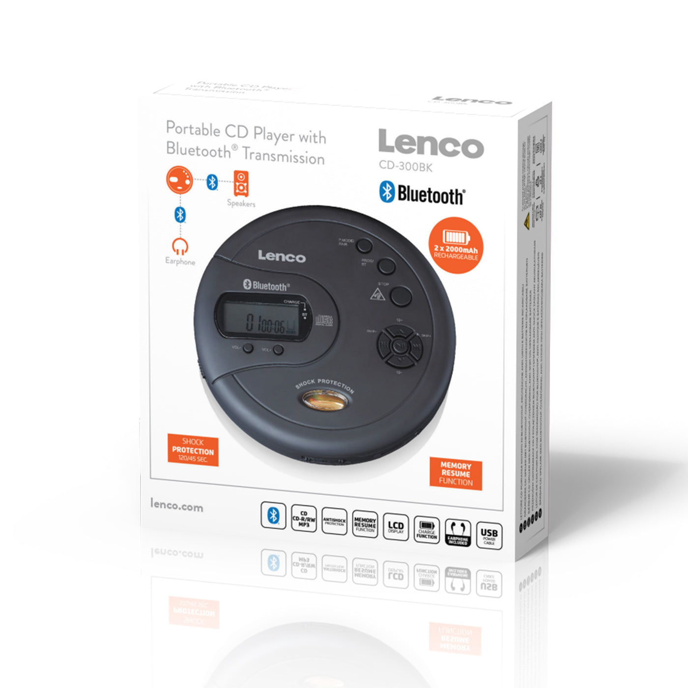 Lenco CD-300BK - Tragbarer Bluetooth® CD-MP3-Player mit Anti-Shock - Schwarz