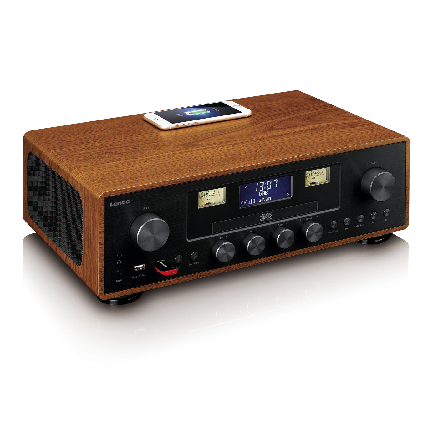 Lenco DAR-081WD - DAB+/FM-Radio mit CD-Player, USB, Bluetooth® und kabellosem Ladepunkt - Holz/Schwarz