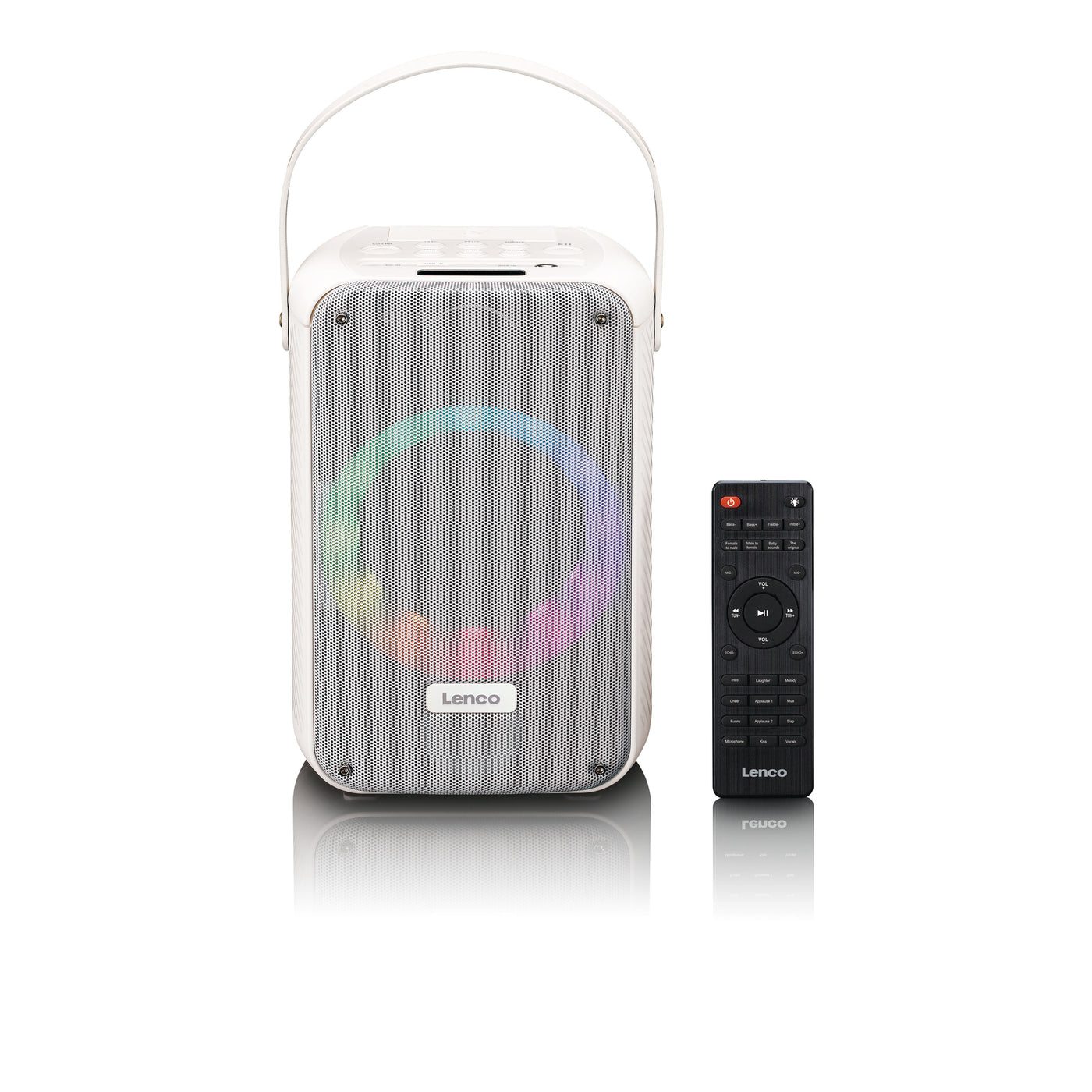 LENCO BTC-060WH - Karaoke-Set mit Bluetooth®, wiederaufladbarem Akku, drahtlosem Karaoke-Mikrofon und Disco-LED-Beleuchtung - Weiß