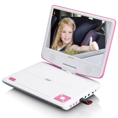 Lenco DVP-910PK - 9 Zoll tragbarer DVD-Spieler mit Kopfhörer und Kopfstützenbefestigung - integrierter Akku - USB-Eingang - Pink/Weiß