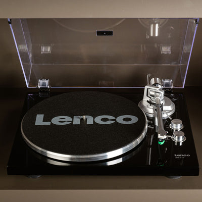 Lenco LBT-215BK - Plattenspieler mit Bluetooth®, Metall-Plattenteller, Tonarm und Gegengewicht - Exklusive Piano Black Farbe