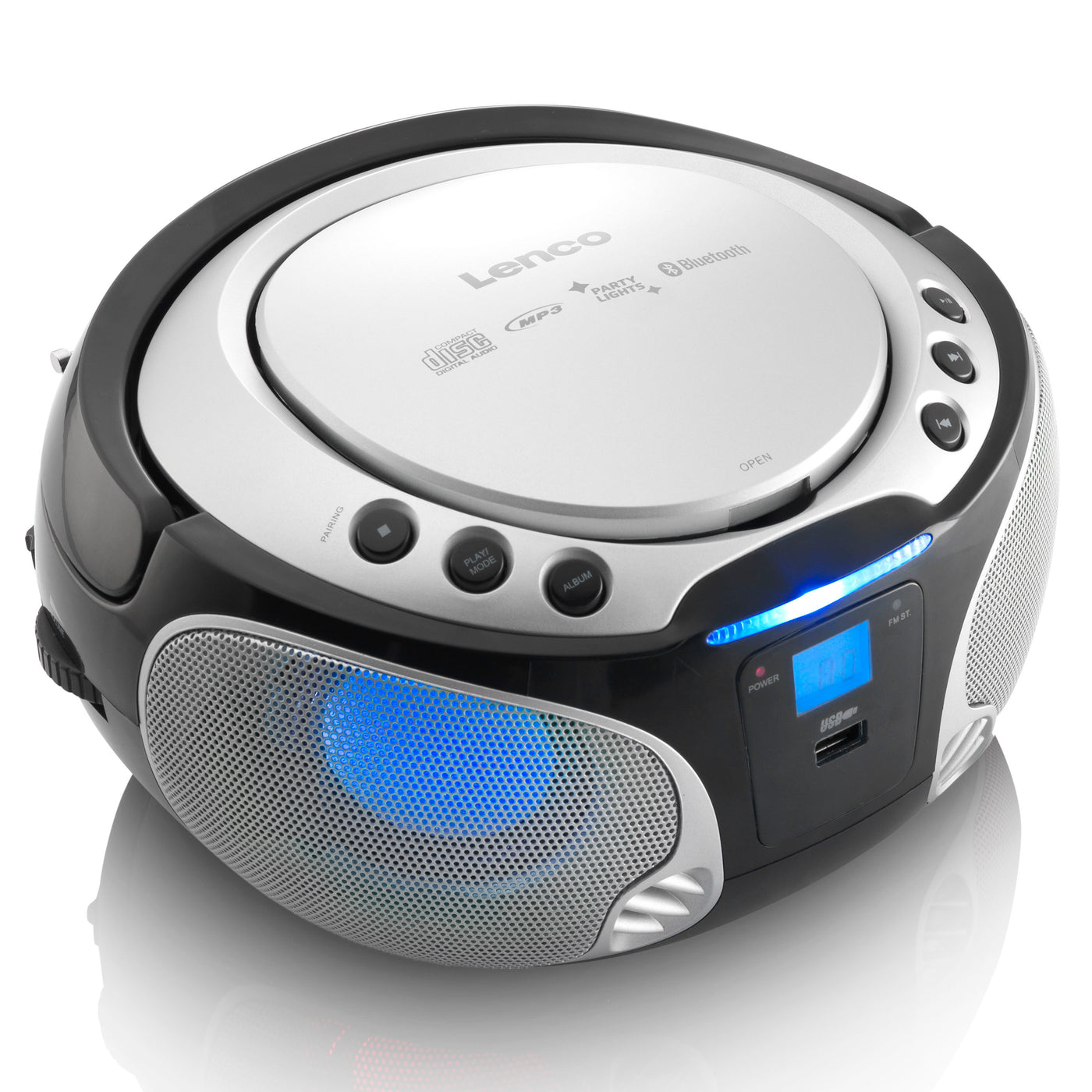 Lenco SCD-550SI - Tragbares FM-Radio mit CD/MP3-Player - Bluetooth® - USB-Anschluß - Lichteffekte - Kopfhörerausgang - Silber