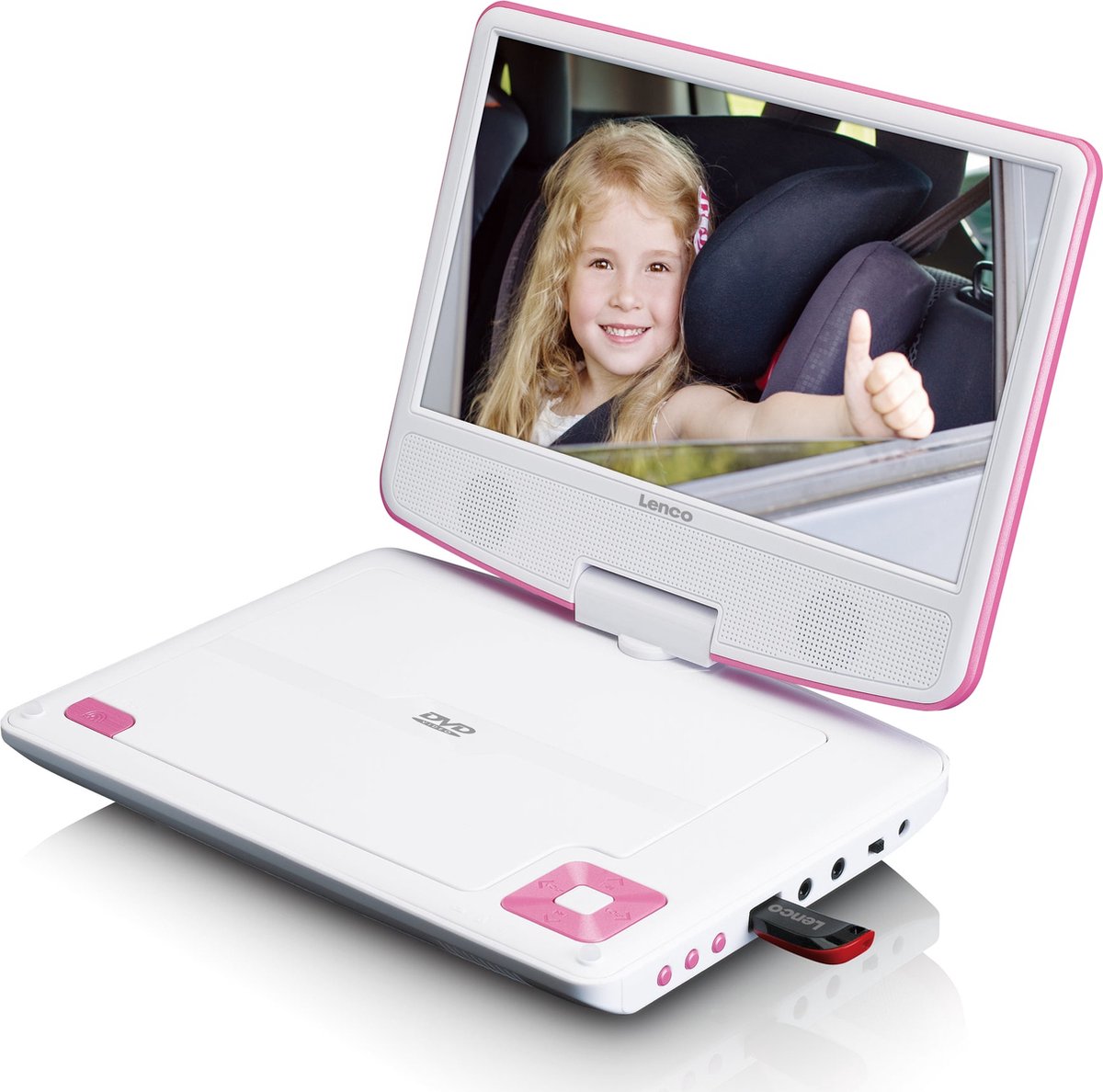 Lenco DVP-920PK - 9 Zoll tragbarer DVD-Spieler mit Kopfhörer und Kopfstützenbefestigung - integrierter Akku - USB-Eingang - Pink/Weiß