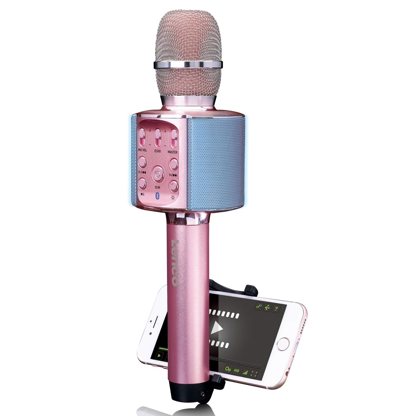 Lenco BMC-180PK - Karaoke Mikrofon mit Bluetooth® - 5 Watt RMS Lautsprecher - Integrierter Akku - Lichteffekte - Handyhalter - USB/SD - Rosa