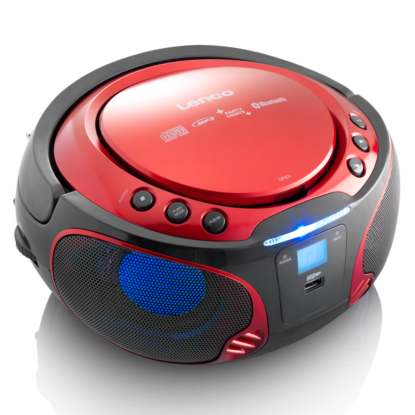 Lenco SCD-550RD - Tragbares FM-Radio mit CD/MP3-Player - Bluetooth® - USB-Anschluß - Lichteffekte - Kopfhörerausgang - Rot