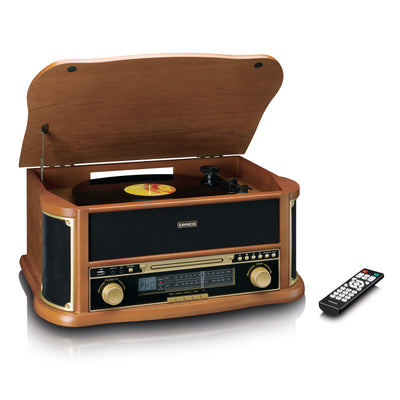 Classic Phono TCD-2551WD - Holz-Plattenspieler im Retro-Design mit Bluetooth®, AM/FM-Radio, USB-Codierung, CD-Player, Kassettenspieler und eingebauten Lautsprechern - Holz