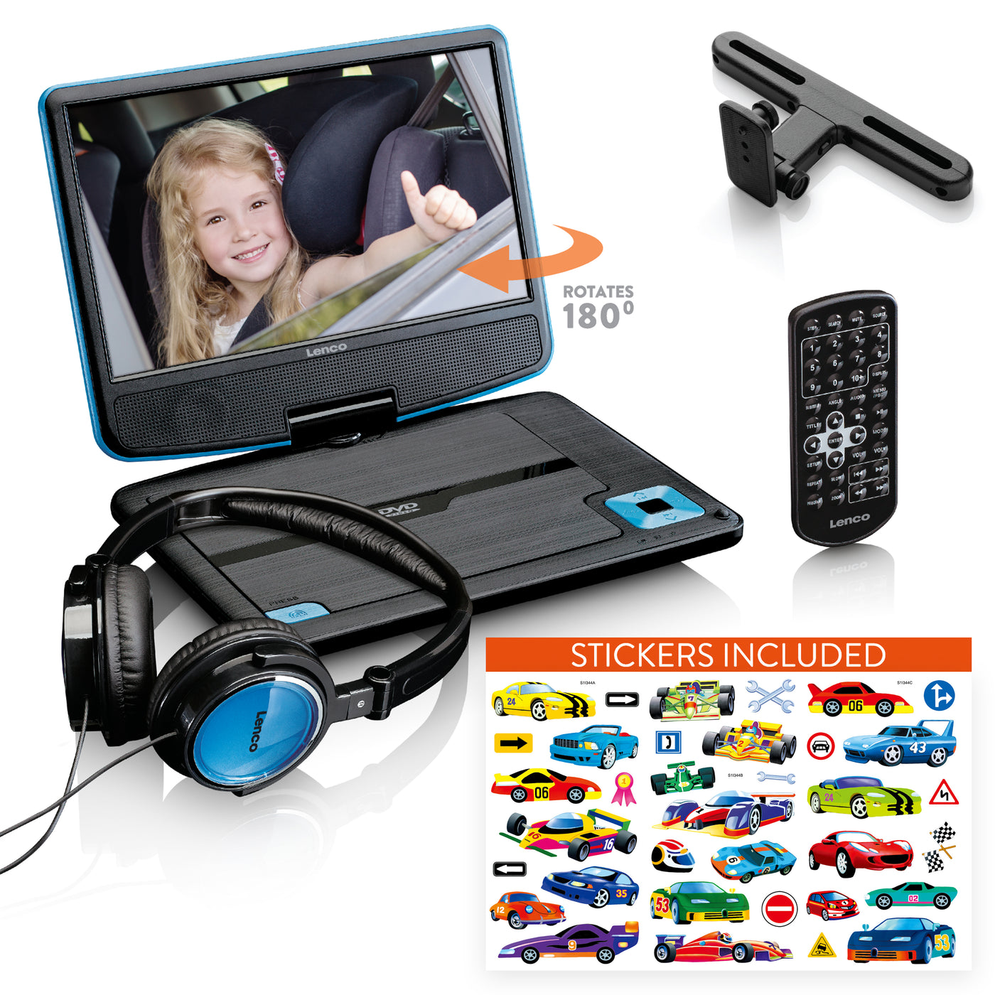Lenco DVP-920BU - 9 Zoll tragbarer DVD-Spieler mit Kopfhörer und Kopfstützenbefestigung - integrierter Akku - USB-Eingang - Blau/Schwarz