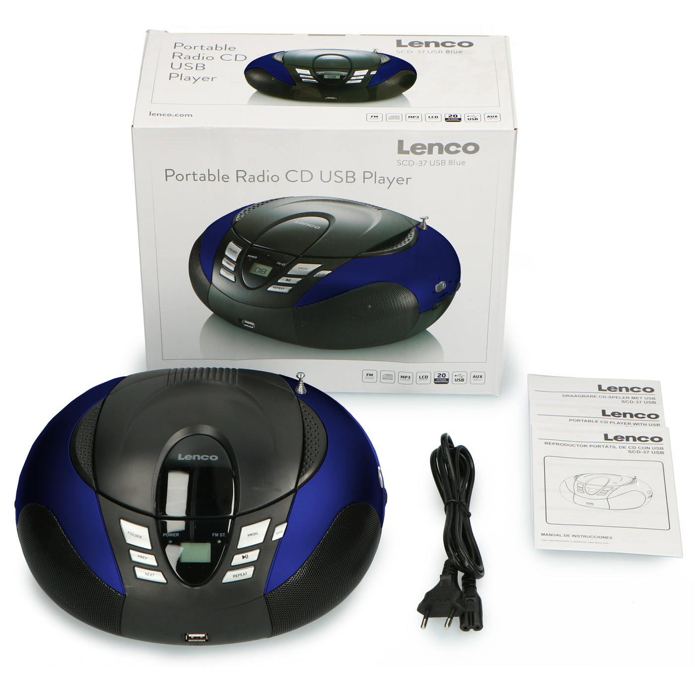 Lenco SCD-37 USB Blue - Tragbares FM-Radio mit CD/MP3-Player - USB-Eingang - AUX-Eingang - Blau