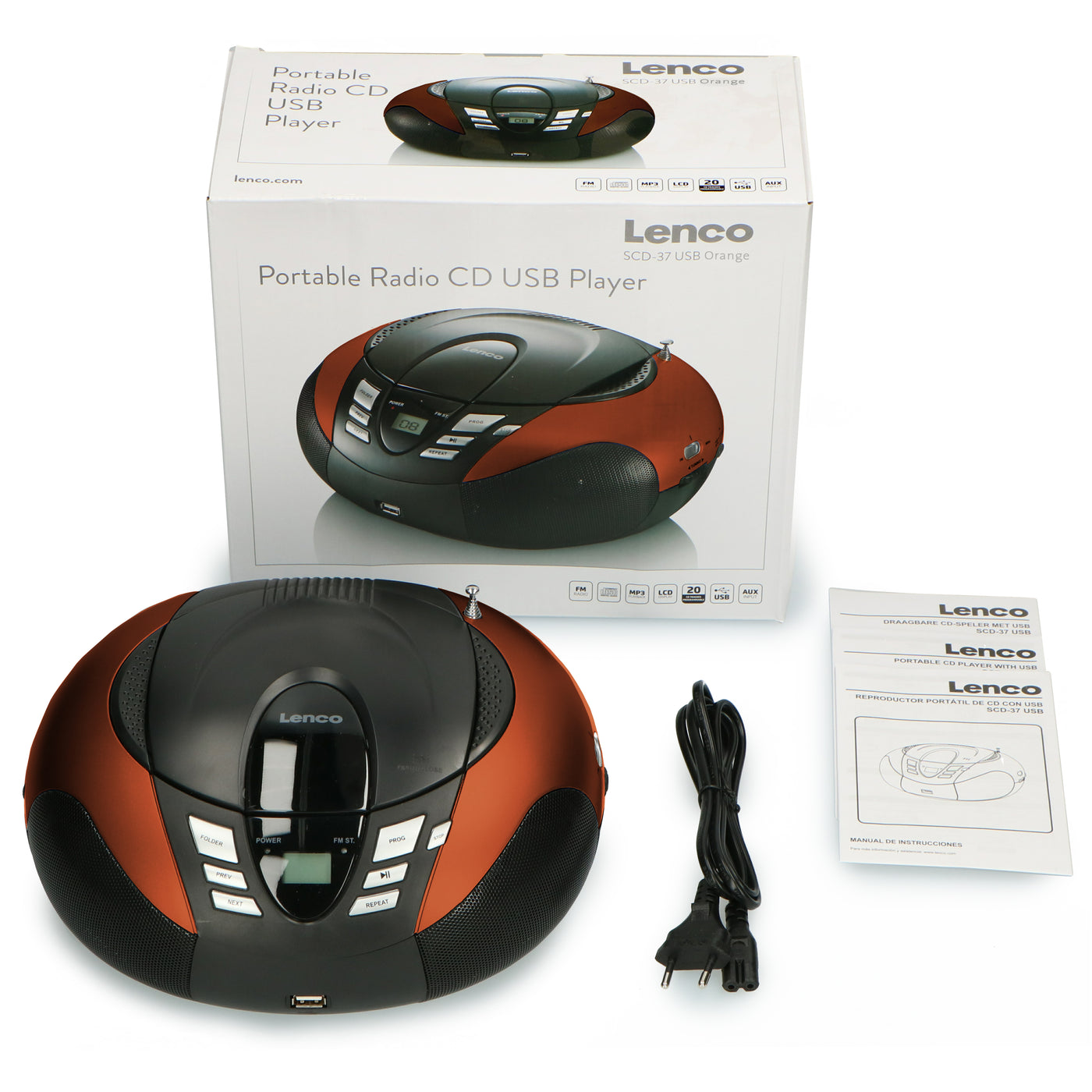 Lenco SCD-37 USB Orange - Tragbares FM-Radio mit CD/MP3-Player - USB-Eingang - AUX-Eingang - Orange