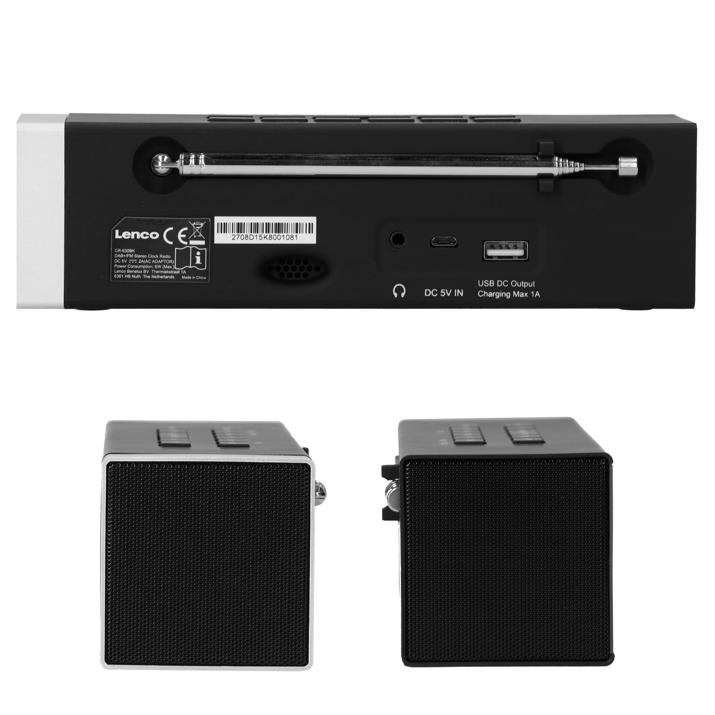 Lenco CR-630BK - Stereo DAB+/FM Radiowecker mit großem Display - USB-Anschluß mit Ladefunktion - 2 x 2 Watt RMS - Schwarz