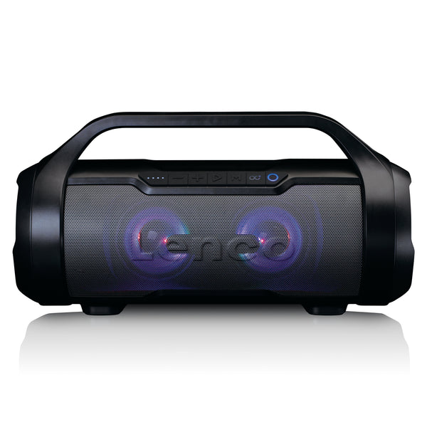 Lenco SPR-070BK - Spritzwasserfester Bluetooth®-Lautsprecher mit UKW Radio, USB und SD, Partylichter - Schwarz