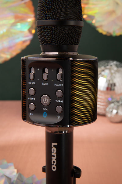Lenco BMC-090BK - Karaoke Mikrofon mit Bluetooth® - 5 Watt RMS Lautsprecher - Integrierter Akku - Lichteffekte - Handyhalter - USB/SD - Schwarz
