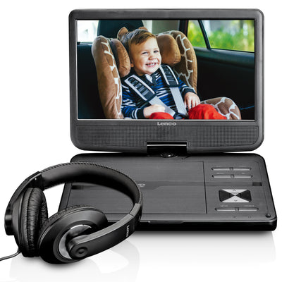 Lenco DVP-1010BK - 10 Zoll tragbarer DVD-Spieler mit Kopfhörer und Kopfstützenbefestigung - integrierter Akku - USB-Eingang - SD-Kartenleser - Schwarz